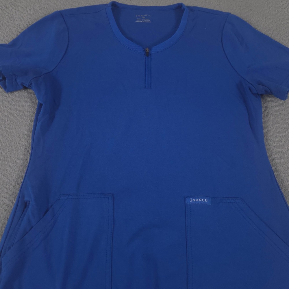 Jaanuu Scrub Top Womens Medium Blue 1/2 Zip 2-Pocket Rayon Blend Stretch Utility